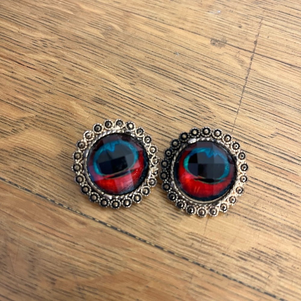 Vintage Peacock-Inspired Statement Earrings – Red & Blue